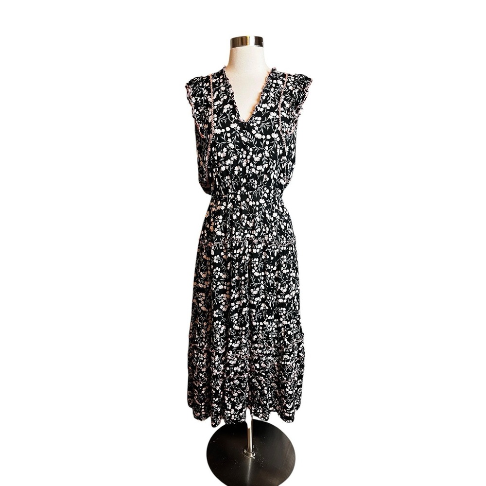 Poupette St Barth Midi Dress Size S Black Pink Floral Flutter Sleeve
